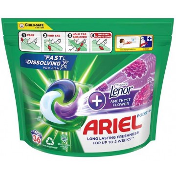 ARIEL + LENOR AMETHYST universalios skalbimo kapsulės 36 vnt