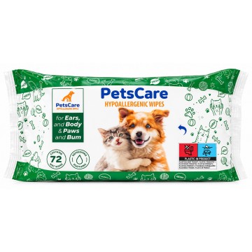 PETS CARE HYPOALLERGENIC drėgnos servetėlės augintiniams 72 vnt