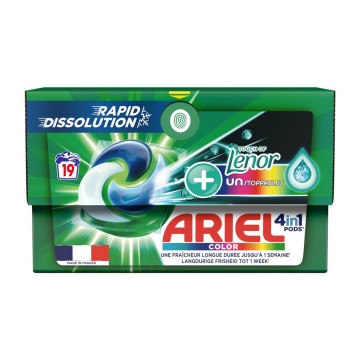 ARIEL PODS ALL IN 1 + LENOR UNSTOPPABLES skalbimo kapsulės spalvotiems 19 vnt